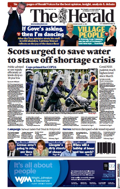 The Herald Newspaper Front Page (UK) for 31 August 2021