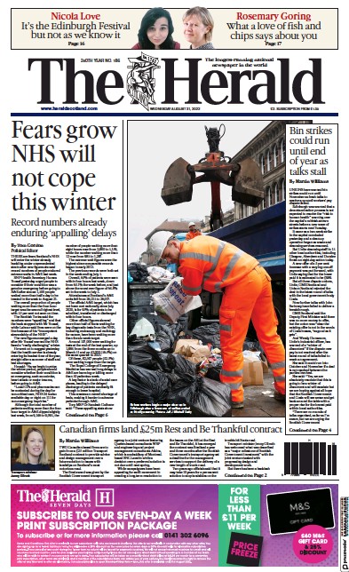 The Herald Newspaper Front Page (UK) for 31 August 2022