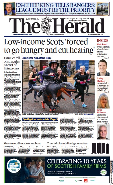 The Herald Newspaper Front Page (UK) for 3 October 2022