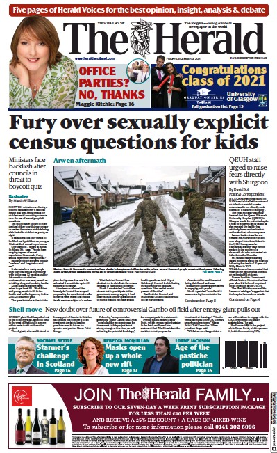 The Herald Newspaper Front Page (UK) for 3 December 2021