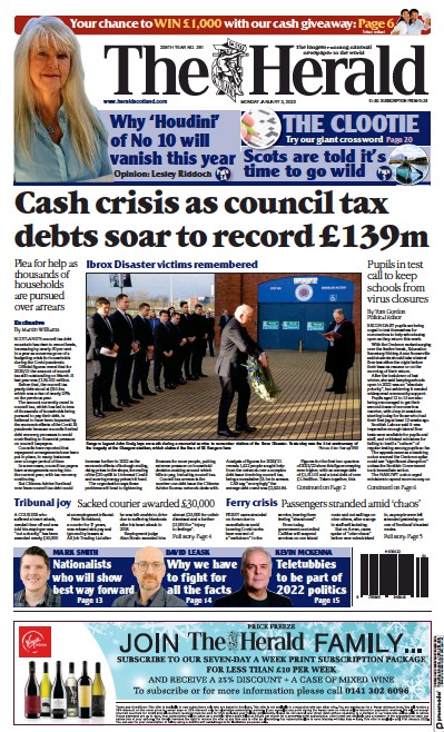 The Herald Newspaper Front Page (UK) for 3 January 2022