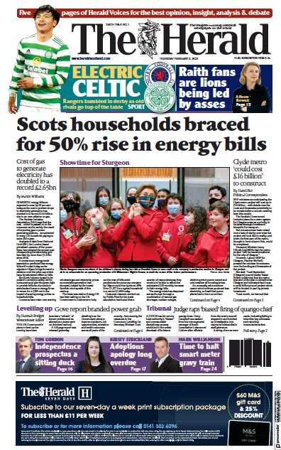 The Herald Newspaper Front Page (UK) for 3 February 2022