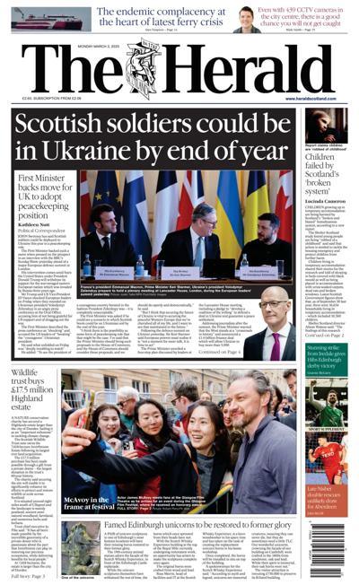 The Herald Newspaper Front Page (UK) for 3 March 2025