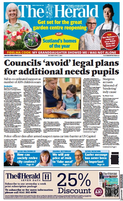 The Herald Newspaper Front Page (UK) for 3 April 2021