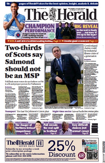 The Herald Newspaper Front Page (UK) for 3 May 2021