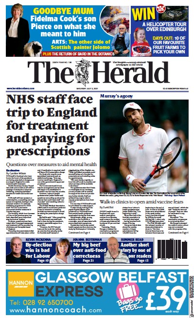 The Herald Newspaper Front Page (UK) for 3 July 2021
