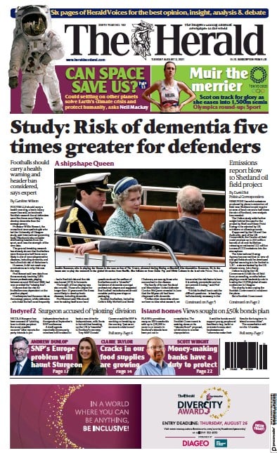 The Herald Newspaper Front Page (UK) for 3 August 2021