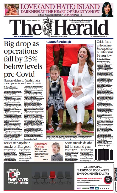 The Herald Newspaper Front Page (UK) for 3 August 2022