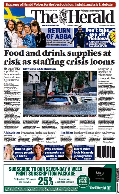 The Herald Newspaper Front Page (UK) for 3 September 2021
