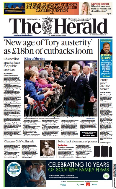 The Herald Newspaper Front Page (UK) for 4 October 2022
