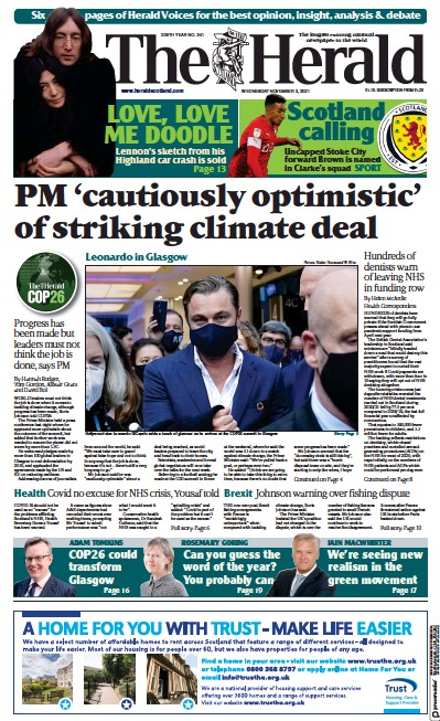The Herald Newspaper Front Page (UK) for 4 November 2021