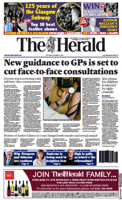 The Herald Newspaper Front Page (UK) for 4 December 2021