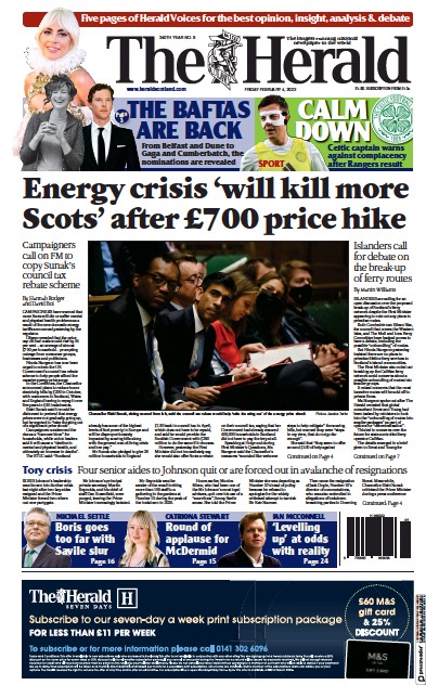 The Herald Newspaper Front Page (UK) for 4 February 2022