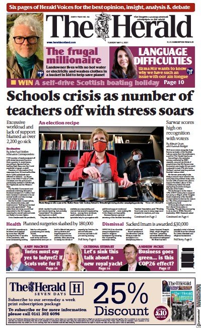 The Herald Newspaper Front Page (UK) for 4 May 2021