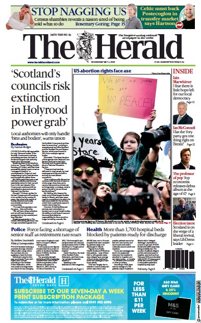 The Herald Newspaper Front Page (UK) for 4 May 2022