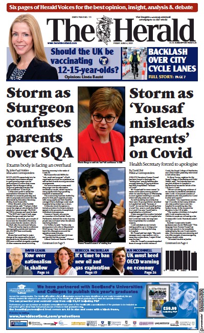 The Herald Newspaper Front Page (UK) for 4 June 2021