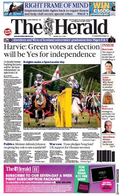 The Herald Newspaper Front Page (UK) for 4 July 2022