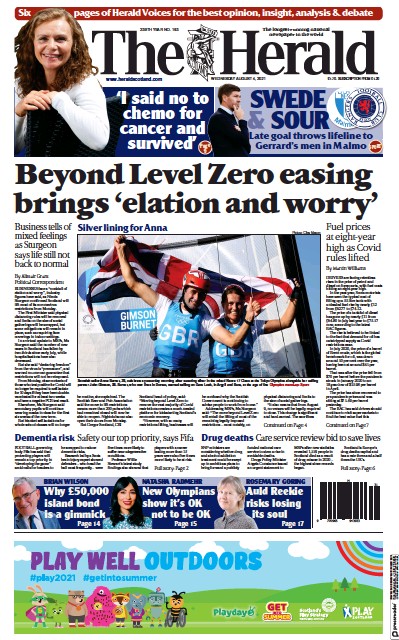 The Herald Newspaper Front Page (UK) for 4 August 2021