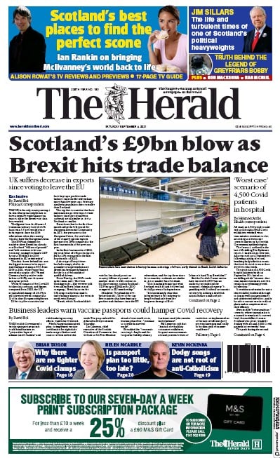 The Herald Newspaper Front Page (UK) for 4 September 2021