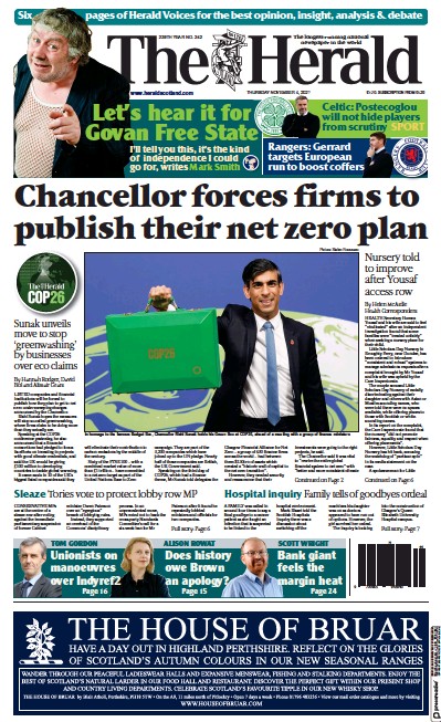 The Herald Newspaper Front Page (UK) for 5 November 2021