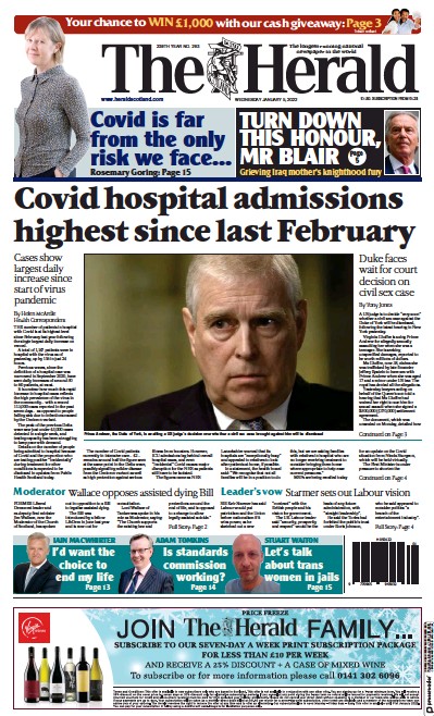 The Herald Newspaper Front Page (UK) for 5 January 2022