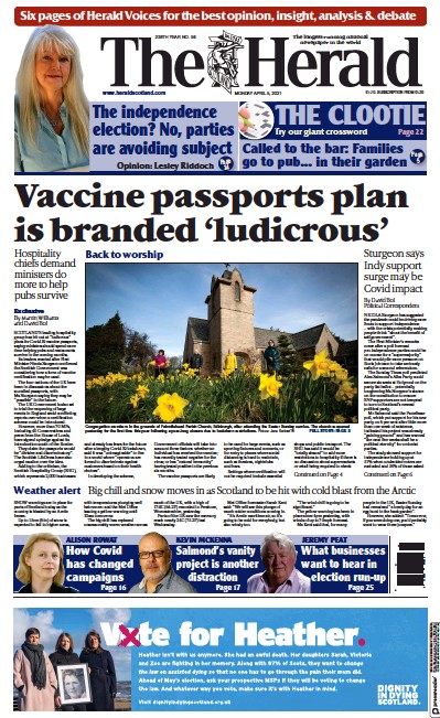 The Herald Newspaper Front Page (UK) for 5 April 2021