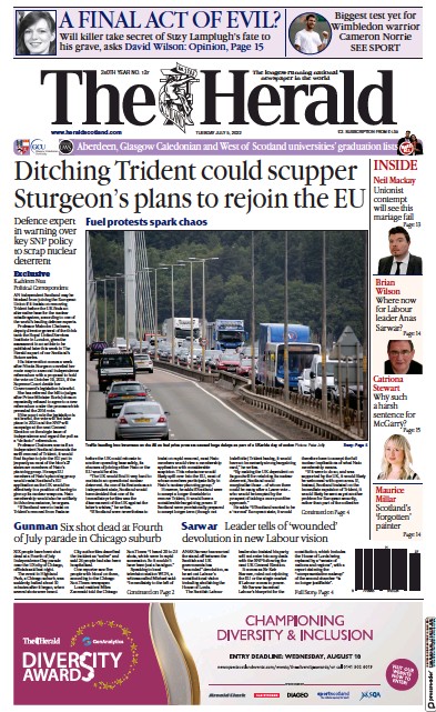 The Herald Newspaper Front Page (UK) for 5 July 2022