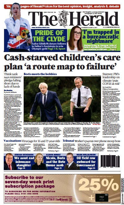 The Herald Newspaper Front Page (UK) for 5 August 2021