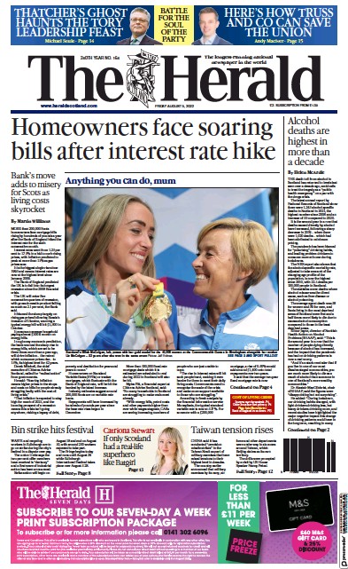 The Herald Newspaper Front Page (UK) for 5 August 2022