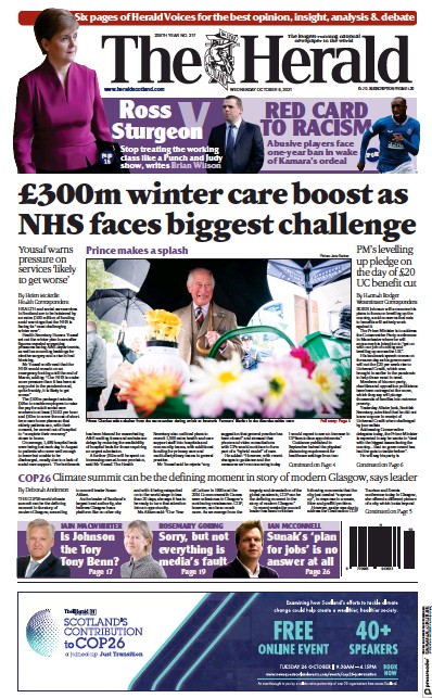 The Herald Newspaper Front Page (UK) for 6 October 2021
