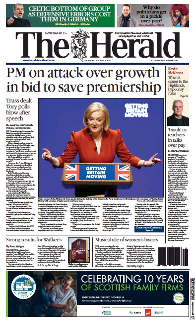 The Herald Newspaper Front Page (UK) for 6 October 2022