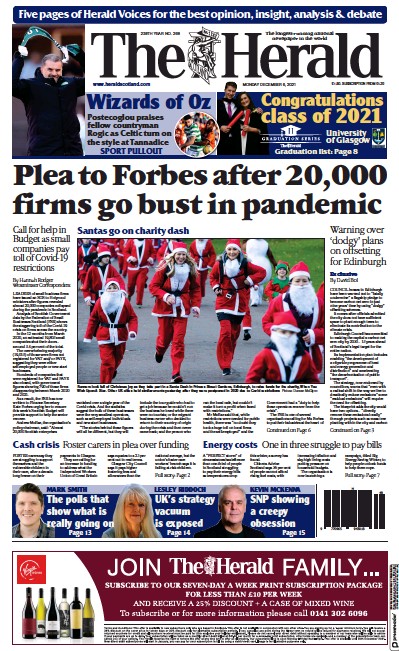 The Herald Newspaper Front Page (UK) for 6 December 2021