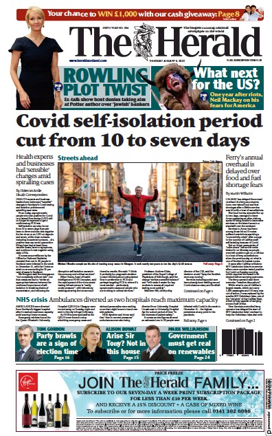 The Herald Newspaper Front Page (UK) for 6 January 2022