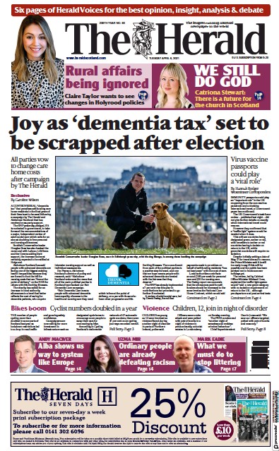 The Herald Newspaper Front Page (UK) for 6 April 2021