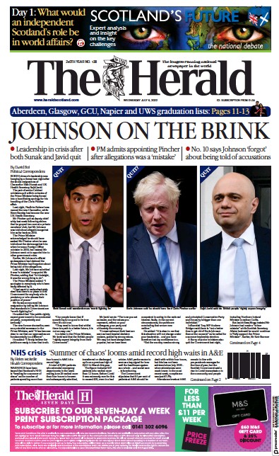 The Herald Newspaper Front Page (UK) for 6 July 2022
