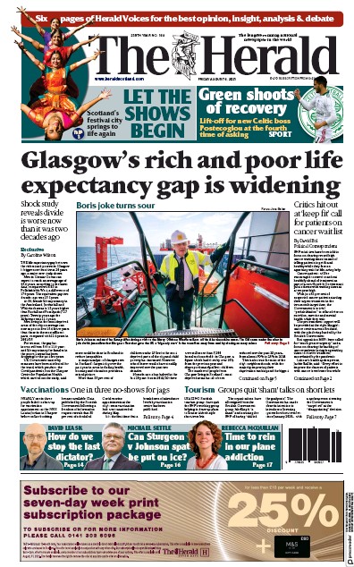 The Herald Newspaper Front Page (UK) for 6 August 2021