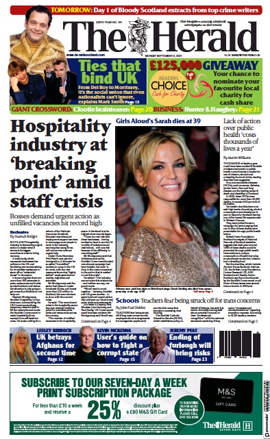 The Herald Newspaper Front Page (UK) for 6 September 2021