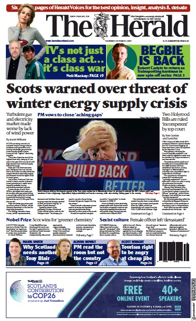 The Herald Newspaper Front Page (UK) for 7 October 2021