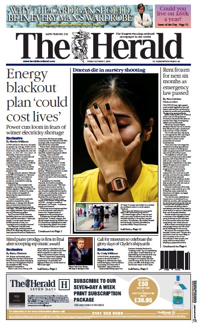 The Herald Newspaper Front Page (UK) for 7 October 2022