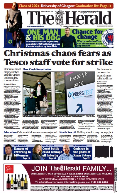 The Herald Newspaper Front Page (UK) for 7 December 2021