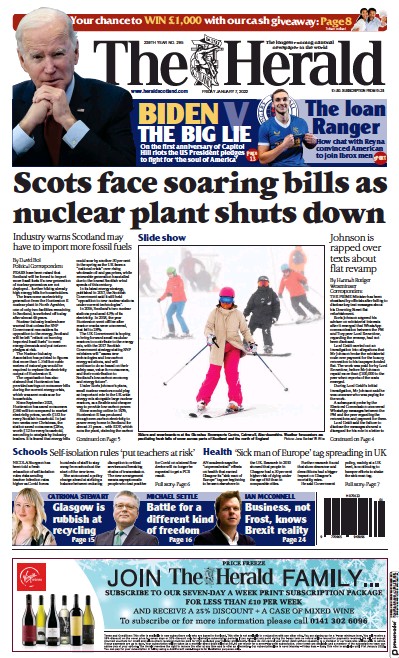 The Herald Newspaper Front Page (UK) for 7 January 2022