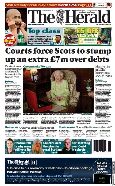 The Herald Newspaper Front Page (UK) for 7 February 2022