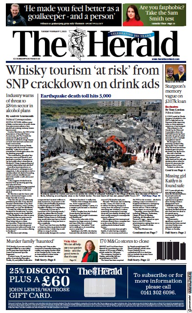 The Herald Newspaper Front Page (UK) for 7 February 2023