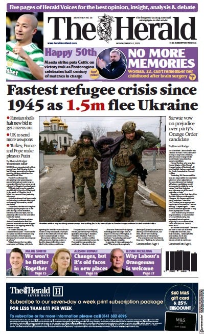 The Herald Newspaper Front Page (UK) for 7 March 2022