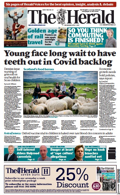 The Herald Newspaper Front Page (UK) for 7 April 2021