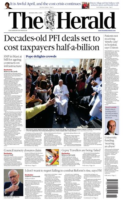 The Herald Newspaper Front Page (UK) for 7 April 2025