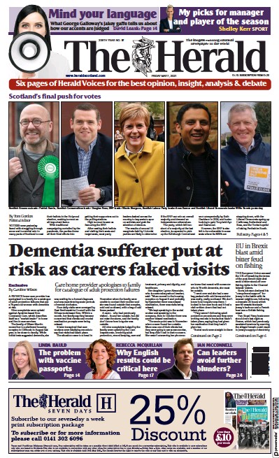 The Herald Newspaper Front Page (UK) for 7 May 2021