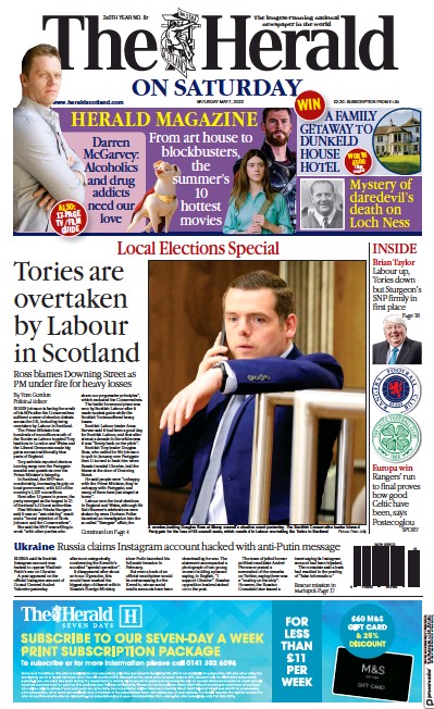 The Herald Newspaper Front Page (UK) for 7 May 2022