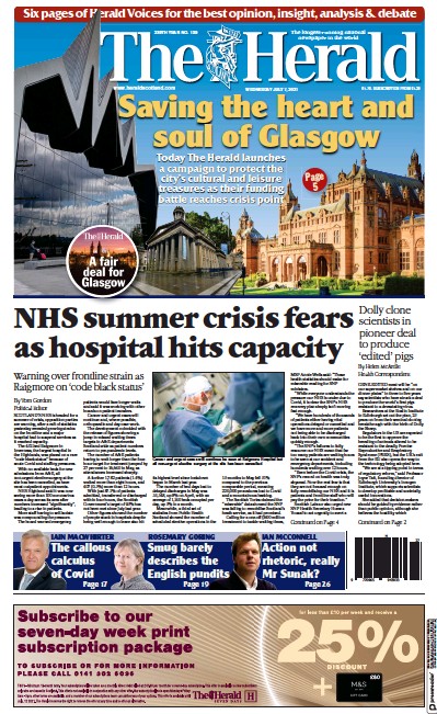 The Herald Newspaper Front Page (UK) for 7 July 2021