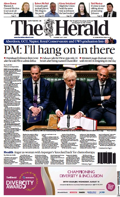 The Herald Newspaper Front Page (UK) for 7 July 2022